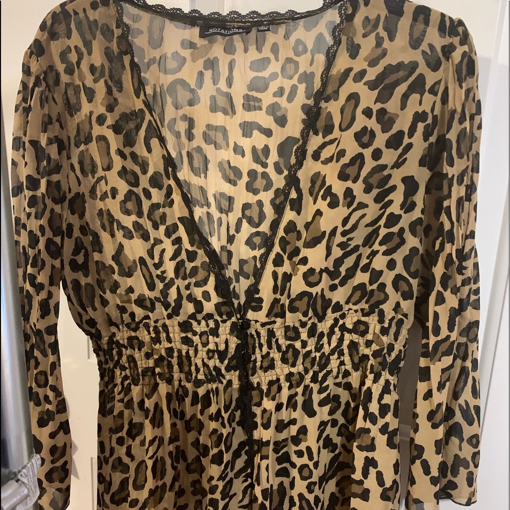 Sheer leopard 3-button top with lace trim